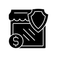 kleine zakelijke verzekering zwarte glyph pictogram. bescherming voor ondernemers bij ongevallenbeleid. financiële steun bij crisis. silhouet symbool op witte ruimte. vector geïsoleerde illustratie