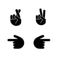 handgebaar emojis glyph pictogrammen instellen. geluk, leugen, overwinning, vredesgebaar. backhand index wijzend naar links en rechts. silhouet symbolen. vector geïsoleerde illustratie