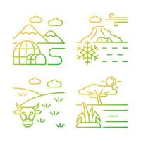 klimaatzones gradiënt lineaire vector iconen set. zuidelijke en noordelijke regio's. arctische landen. gematigde klimatologische omstandigheden. dunne lijn contour symbolen bundel. geïsoleerde overzicht illustraties collectie