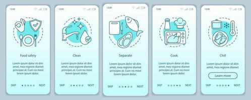 voedselveiligheid onboarding mobiele app pagina scherm vector sjabloon. voedselverwerking, behandeling, voorbereiding, opslag. preventie van door voedsel overgedragen ziekten. doorloop website stap. ux, ui, gui smartphone-interface