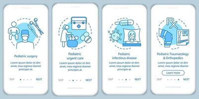 pediatrische diensten onboarding mobiele app paginascherm met lineaire concepten. chirurgie, infectieziekte, orthopedie walkthrough stappen grafische instructies. ux, ui, gui vectorsjabloon met pictogrammen vector