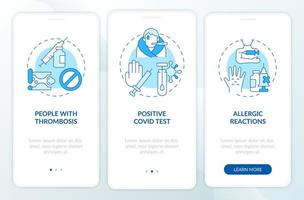 vrijstellingen van covid-vaccin onboarding mobiele app paginascherm. medische voorwaarden walkthrough 3 stappen grafische instructies met concepten. ui, ux, gui vectorsjabloon met lineaire kleurenillustraties vector