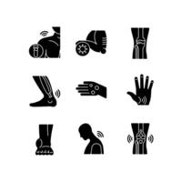 gezamenlijke problemen zwarte glyph pictogrammen instellen op witruimte. spierpijn. pezen stijfheid. ligament verstuiking. artritis symptomen. infectie in botten. silhouet symbolen. vector geïsoleerde illustratie