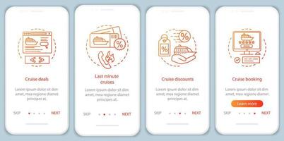 cruise onboarding mobiele app paginascherm met lineaire concepten. deals, last minute cruises, kortingen, boekingsstappen grafische instructies. ux, ui, gui vectorsjabloon met illustraties vector