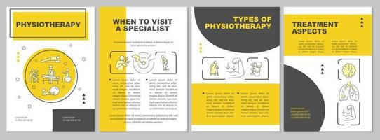 fysiotherapie gele brochure sjabloon. gezondheidszorg behandeling. flyer, boekje, folder afdrukken, omslagontwerp met lineaire pictogrammen. vectorlay-outs voor presentatie, jaarverslagen, advertentiepagina's vector