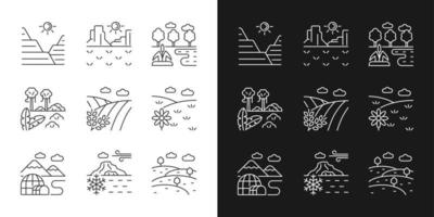 biomen en landvormen lineaire pictogrammen instellen voor donkere en lichte modus. droge en vochtige klimaatzones. diverse regio's. aanpasbare dunne lijn symbolen. geïsoleerde vectoroverzichtsillustraties. bewerkbare streek vector