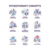 fysiotherapie concept pictogrammen instellen. sporten en strekken. warmte- en koudetherapie. therapeut behandeling idee dunne lijn kleurenillustraties. vector geïsoleerde overzichtstekeningen. bewerkbare streek