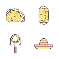 Mexicaanse gekleurde pictogrammen instellen. cinco de mayo-festival. taco, burrito, mexicaanse pellettrommel, sombrero. geïsoleerde vectorillustraties vector