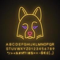 herdershond schattig kawaii neonlicht karakter. hond met peinzende snuit. kwaliteit gezien dier. grappige emoji, emoticon. gloeiend pictogram met alfabet, cijfers, symbolen. vector geïsoleerde illustratie