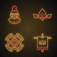 middeleeuwse neonlicht pictogrammen instellen. ridderhelm, koninklijke kroon, strijdschild, koningsvlag. gloeiende borden. geïsoleerde vectorillustraties vector