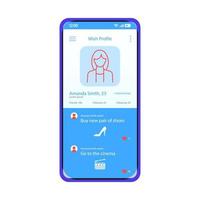 verlanglijst app smartphone interface vector sjabloon. vrouwelijk profiel met verlangensscherm. mobiele wens toepassingspagina blauwe ontwerplay-out. platte ui. winkelen en plannen online vermelding op telefoondisplay