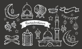 set van islamitisch doodle-element gerelateerd aan hulst ramadan. ontwerpconcept islamitische symbolen en pictogrammen met handgetekende schetsstijl vector