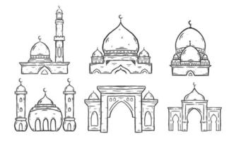 set van islamitische moskee. illustratie vectorafbeelding. ontwerpconcept moskee met handgetekende schetsstijl vector