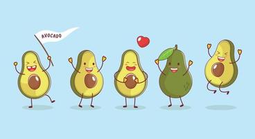 leuke grappige avocado stripfiguren set geïsoleerd op blauwe achtergrond. vector