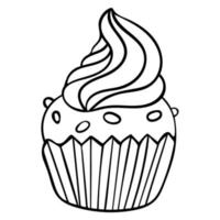 schattig handgetekende cupcake icoon. taart van zwarte dunne lijn contour geïsoleerd op een witte achtergrond. ontwerpelement voor kleurboek voor volwassenen. vector