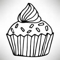 schattig handgetekende cupcake icoon. taart van zwarte dunne lijn contour geïsoleerd op een witte achtergrond. ontwerpelement voor kleurboek voor volwassenen. vector