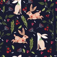 Scandinavisch volkskunst printbaar patroon met konijntjes en bloemen vector