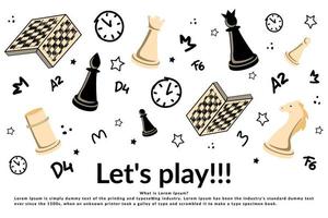 vectorillustratie voor schaakclub, banner voor toernooien, frame, achtergrond voor brochure. hand getekende sjabloon voor spandoek met cartoon schaakspel elementen. doodle schets stijl. vector