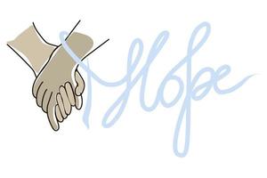 houd je handen bij elkaar. aids dag. 1 december. vlakke stijl. de handen van de partners samen. lint rond de pols overgaand in de inscriptie hoop. vector