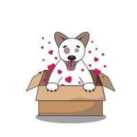 vector witte cartoon hond in een bruine doos, rode harten, platte vector, isoleren op witte achtergrond