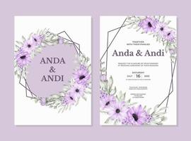 trouwkaart set met mooie zachte paarse bloem en blaadjes vector