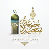 jummah tayibah gloeiende gouden Arabische kalligrafie met bloemmotief vector design en moskee. kan ook worden gebruikt voor kaart, achtergrond, banner en omslag, behang. het gemiddelde is gezegende vrijdag, fijne vrijdag