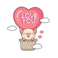 schattig varken in hete lucht balloon.valentine's day card. vector