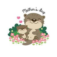 schattige otters voor moederdag. otters moeder en baby slapen op bloemenveld. vector