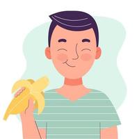 schattige kleine jongen die banaan eet. gezond voedselconcept, gezonde snack. fruit, vitamines. platte vector geïsoleerde illustratie op witte achtergrond