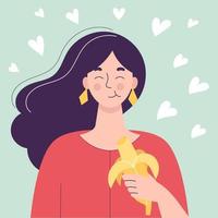 gelukkige leuke vrouw die banaan eet. gezond voedselconcept, gezonde snack. fruit, vitamines voor de gezondheid. platte vector geïsoleerde illustratie op witte achtergrond