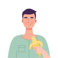 gelukkige leuke man die banaan eet. gezond voedselconcept, gezonde snack. fruit, vitamines voor de gezondheid. platte vector geïsoleerde illustratie op witte achtergrond