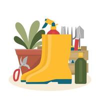 tuin tool.a samenstelling van rubberen laarzen, een pot met een plant, een snoeischaar, een schop, een mes, een fles kunstmest.spring planting.flat vectorillustratie vector