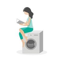 een jonge huisvrouw-vrouw zit op een wasmachine en leest een boek. huishoudelijke taken. pauze, pauze, ontspanning. liefde voor boeken. platte vectorillustratie op een witte achtergrond vector