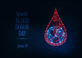 Wereld bloed donor dag webbanner met gloeiende laag poly bloeddruppel en planeet aarde globe en tekst. vector