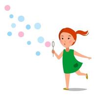 een klein meisje blaast zeepballen op. gelukkig kind loopt. vectorillustratie op een witte geïsoleerde achtergrond. stock afbeelding.