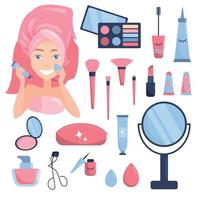 grote set van verschillende cosmetica. schoonheidsroutine. een vrouw die make-up doet. vector