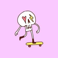 schattige schedel met donder en liefdesogen rijden op een skateboard, illustratie voor t-shirt, poster, sticker of kledingskoopwaar. met cartoon-stijl. vector