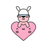 kawaii baby met konijnenhoed mascotte met liefde. illustratie voor sticker en t-shirt. vector