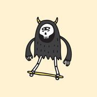 schattige grim reaper schedel met één oog en rijden op een skateboard, illustratie voor t-shirt, poster, sticker of kleding koopwaar. met cartoon-stijl. vector