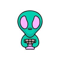 schattige alien met chocoladereep, illustratie voor t-shirt, poster, sticker of kledingskoopwaar. met cartoon-stijl. vector