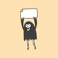 schattige grim reaper schedel met leeg wit papier, illustratie voor t-shirt, poster, sticker of kleding koopwaar. met cartoon-stijl. vector