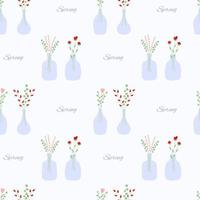 schattig lente naadloos patroon met bloemen in vaas. eenvoudige trendy platte stijl. geschikt voor cadeaupapier, textiel, inpakpapier voor bloemist. romantische en mooie achtergrond met bloeiend boeket in vaas. vector