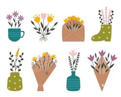 bloemen gelukkige vrouwendag 8 maart collectie boeketten en bloemen. bloeiende bloemen in vaas, laarzen, potten, envelop, envelop. botanische vectorillustratie voor huwelijksgeschenk, kaarten, uitnodiging. vector