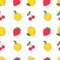 naadloos patroon met kleurrijk vers fruit appel, citroen, aardbei en kers. vectorillustraties voor cadeaupapier, textiel, drukwerk. schattig zomerpatroon in trendy stijl. vector