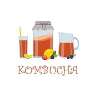 kombucha gefermenteerde probiotische zelfgemaakte thee. paddenstoel, glazen pot, glazen kan, hoog glas met kombuchathee. super eten, gezonde cocktail? vector