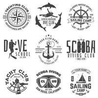 set zeilkamp-, jachtclub- en duikclubbadges. vector. concept voor shirt, stempel of tee. vintage typografieontwerp met duikuitrusting en zeilbootsilhouet. extreme watersport. vector