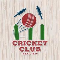 cricket club patch of sticker. vector. concept voor shirt, print, stempel of tee. vintage typografieontwerp met wicket, borgtocht en cricketbalsilhouet. sjablonen voor sportclub. vector