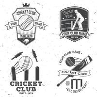 set van cricket club badges. vector. concept voor afdrukken, stempel of tee. vintage typografieontwerp met cricketbatsman, bal, wicket, borgtocht en helmsilhouet. sjablonen voor sportclub. vector