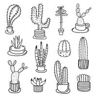 Hand getrokken Doodle Cactus Vector Set. Handgemaakte vectorillustratie.