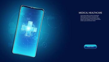 abstracte gezondheid medische wetenschap gezondheidszorg digitale technologie wetenschap op smartphone gezondheid plus concept moderne innovatie, behandeling, geneeskunde op hi-tech toekomstige blauwe achtergrond. vector
